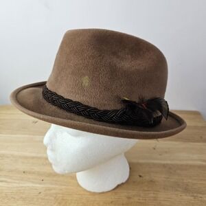 Vintage Melton New York Velour Fedora Art in Hats Black Mens Brown 7 1/8 Feather